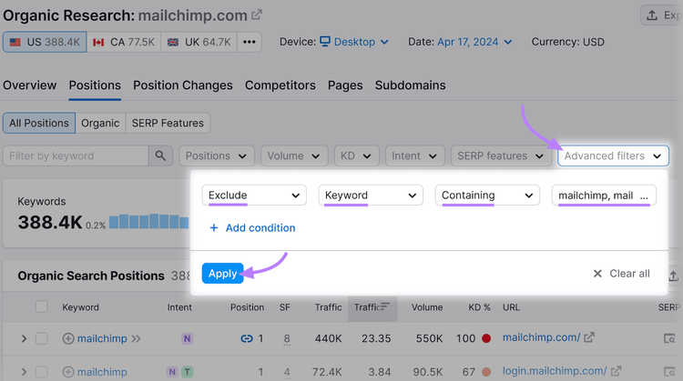 Organic Rankings Positions tab showing the option to apply advanced filters to exclude keywords containing the brand name.