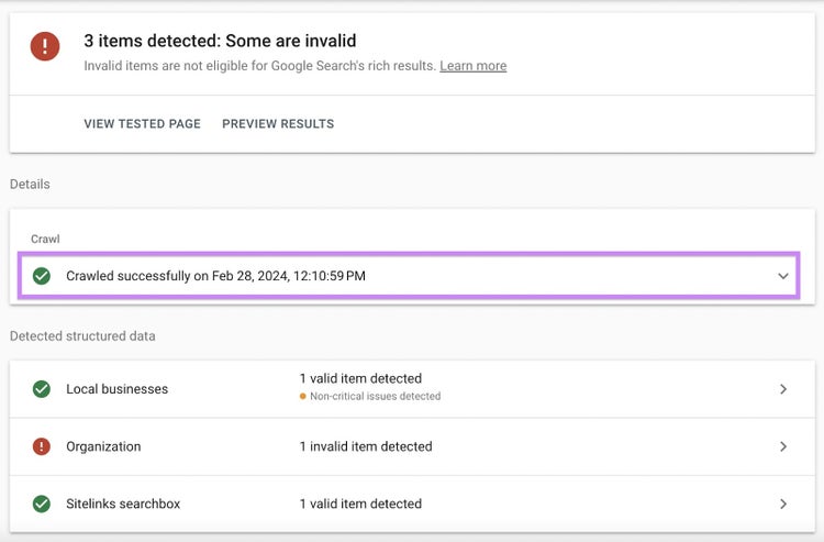 “Crawled successfully on Feb 28, 2024” message under "Details" section