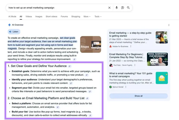 An AI Overview response using a numbered list, bullet point, bold text to highlight key information, short paragraphs, etc.
