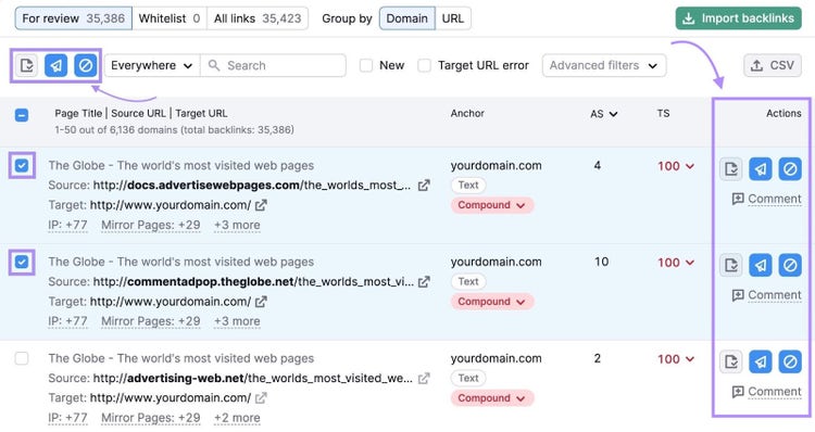 Toxicity score action items in Backlink Audit tool