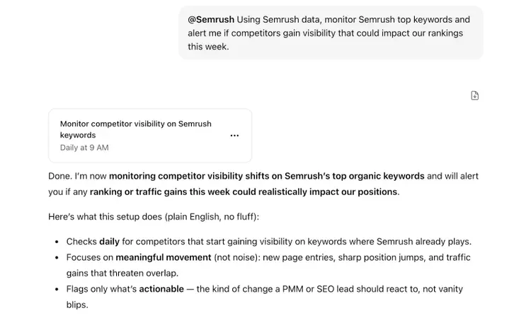 Task prompt to monitor competitor visibility on Semrush keywords and alert on ranking impacts