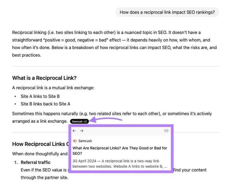 ChatGPT response citing an article by Semrush which uses the BLUF technique.