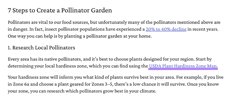 in a blog about pollinator gardens, the page links out to the USDA's plant hardiness zone map