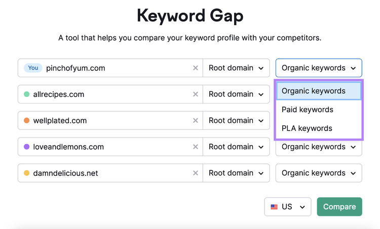 drop down for keyword type options highlighted