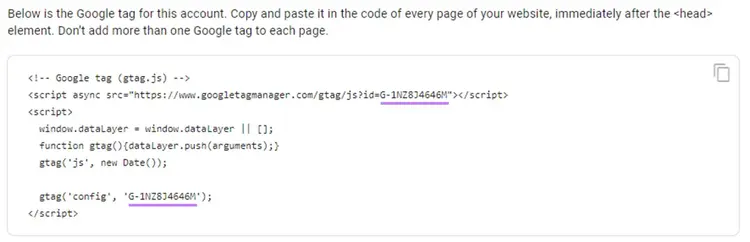 The tracking code for setting up Google Analytics