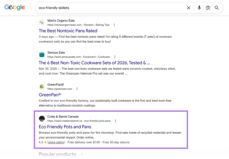 Google results for “eco friendly skillets” with a structured result from Crate & Barrel highlighted