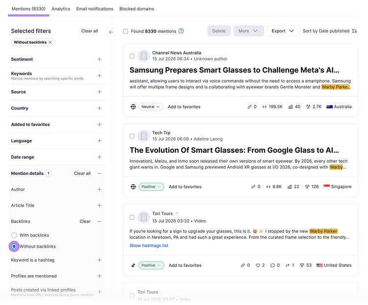 Brand Monitoring report filtered to show unlinked brand mentions without backlinks