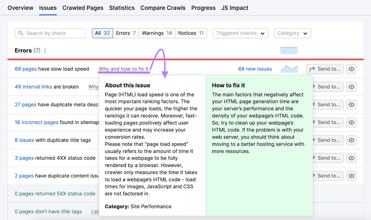 Why and how to fix a slow load speed issue explained in Site Audit