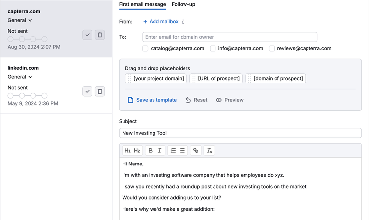 email to a prospect is written within the Link Building Tool
