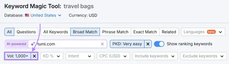 Keyword Magic Tool with the "Volume" set as "1,000+".