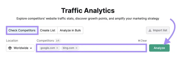 "google.com," and "bing.com" entered into Traffic Analytics search bar