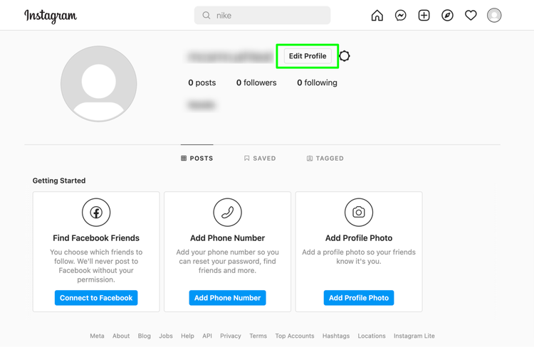 Instagram new account setup showing Getting Started onboarding options