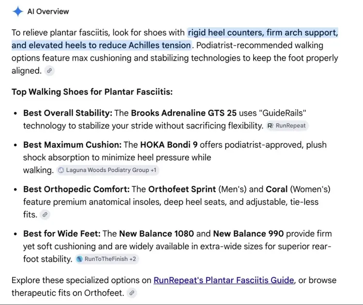 AI Overview for the term “best walking shoes for plantar fasciitis” listing features to look for and specific shoe recommendations.