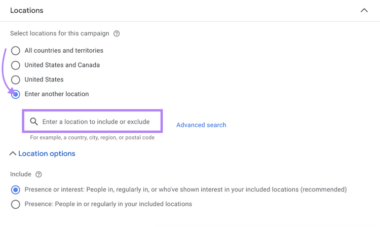enter other location option highlighted