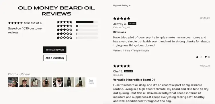 A product page on the Beardbrand website showing star ratings, reviews, and customer photos.