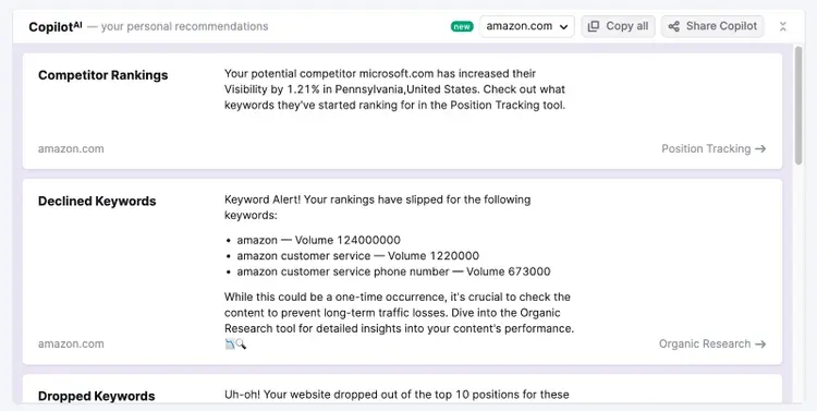 Copilot showing consolidated data from multiple Semrush tools and reports along with optimization tips.