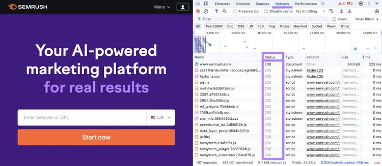 The HTTP status code column is highlighted in the tool.