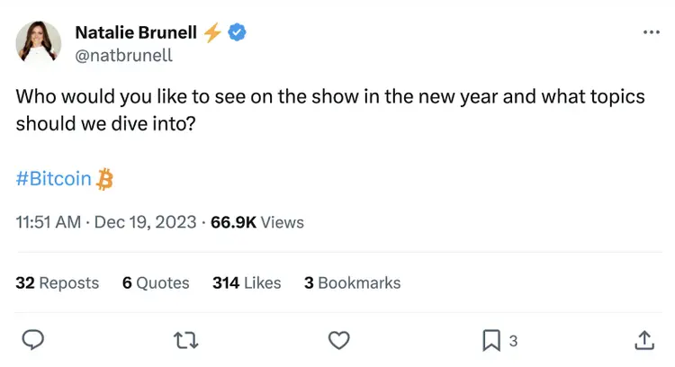 Natalie Brunell's post on X asking the audience which topics they would like to see covered in podcast