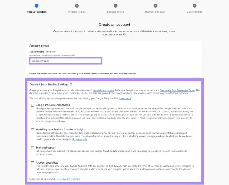 Google's "Create an account" window