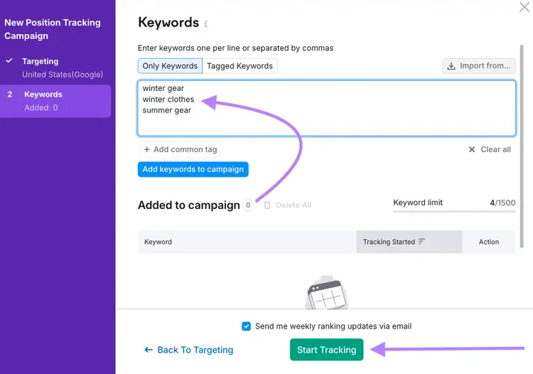 Keywords input step for Position Tracking with winter gear examples and campaign button