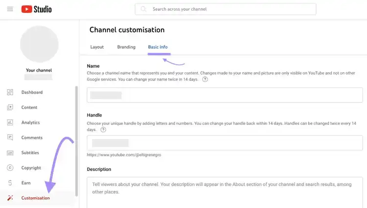 "Basic info" page under "Channel customisation" section