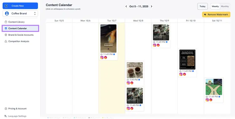 Content calendar view showing scheduled coffee brand posts across a weekly timeline with thumbnails and times.