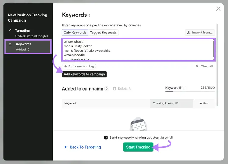 Position Tracking setup screen with keywords entered and the Start Tracking button highlighted