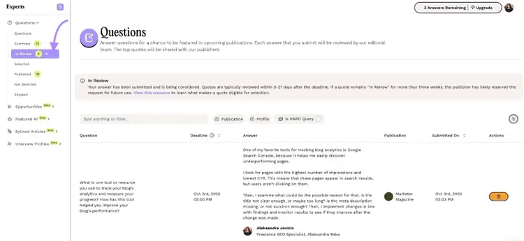 The "In Review" tab on Featured where you can track the status of pitches.