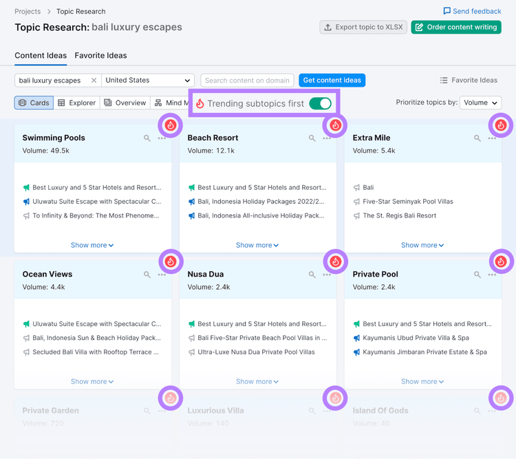 Topic Research "Content Ideas" report with “Trending subtopics first” switch highlighted