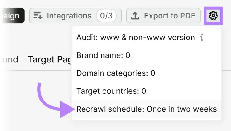 Backlink Audit settings showing the Recrawl schedule option in dropdown