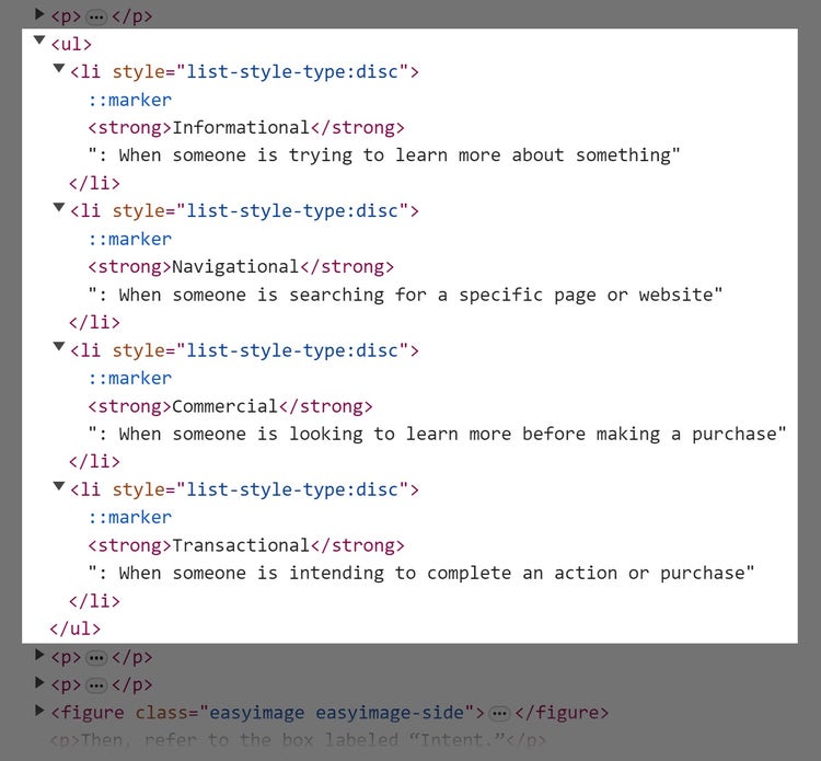 HTML code of a Semrush article showing the list section.