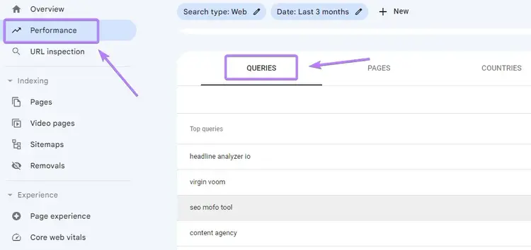 “Queries” section in Google Search Console