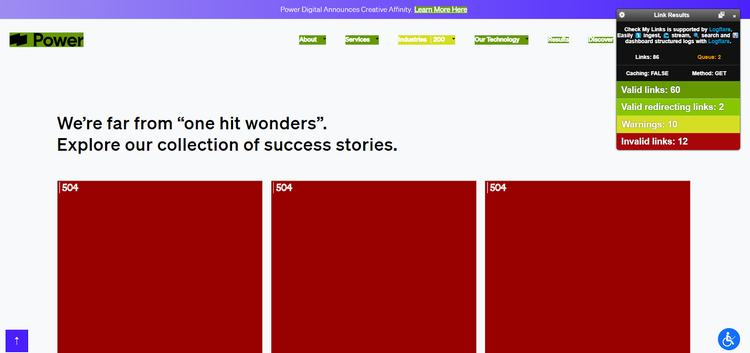 Power extension displaying broken 404 error pages with success stories overlay