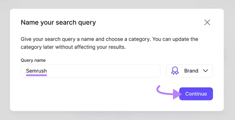 Semrush dialog for naming a brand monitoring query and selecting a category