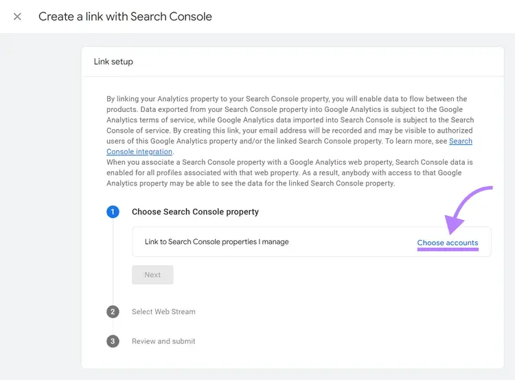 Create a link with Search Console popup wizard with Choose accounts option highlighted