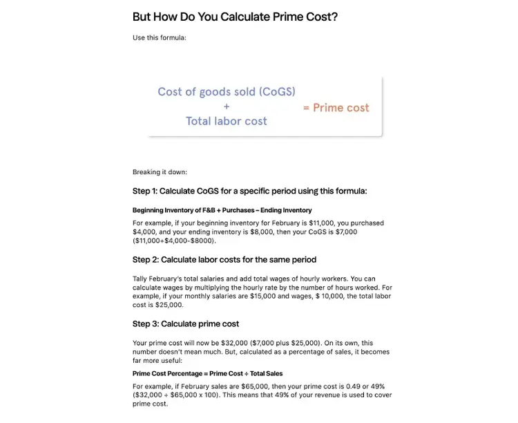 A formula and step-by-step calculation of prime cost.