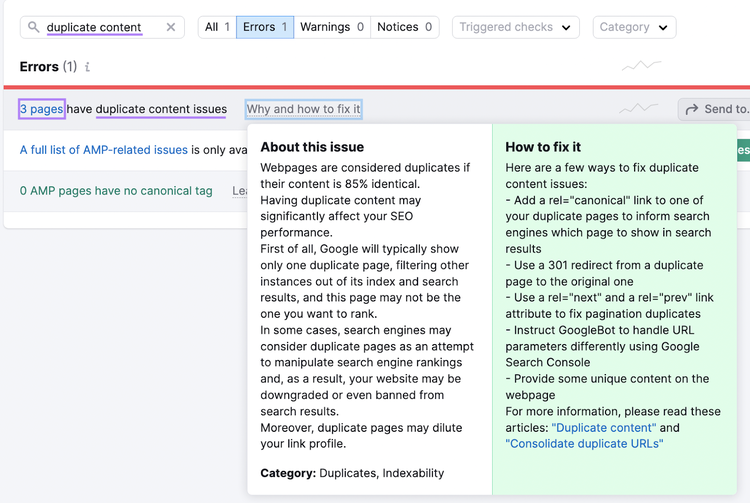Site Audit tool offers advice on how to fix duplicate content issues