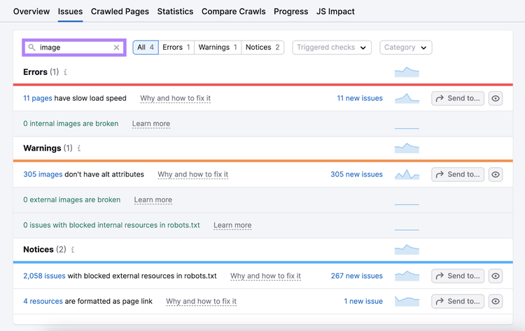 Image SEO issues include slow load speed, internal broken images, missing alt attributes, blocks resources, etc.