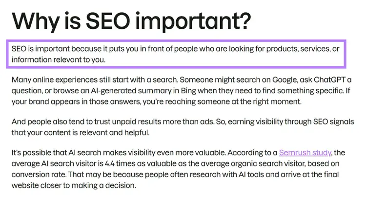 Article section answering “Why is SEO important?” with the main answer highlighted at the top