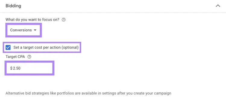 Bidding settings on Google Ads with "Conversions" selected and a target cost per action amount entered.