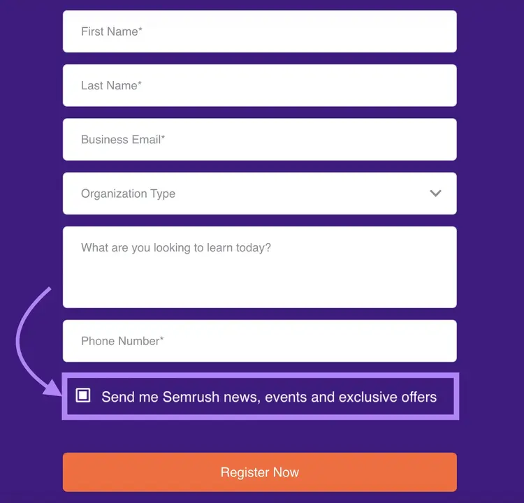 "Send me Semrush news, events and exclusive offers" opt-in at the bottom of Semrush's form