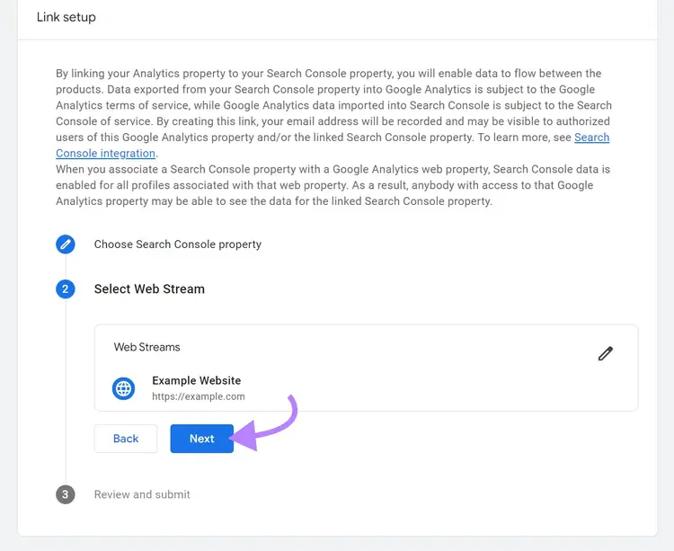 Link setup step 2 Select Web Stream with Web Stream selected and arrow pointing to Next button