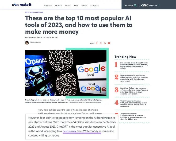 CNBC article citing a Writerbuddy AI tools study with a backlink to the original research