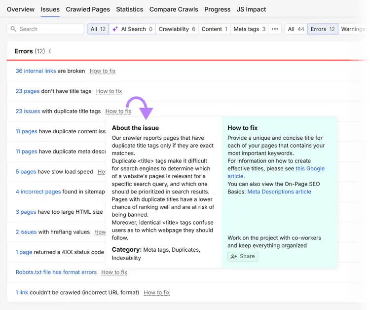 Site Audit issue details panel explaining duplicate title tags and how to fix them