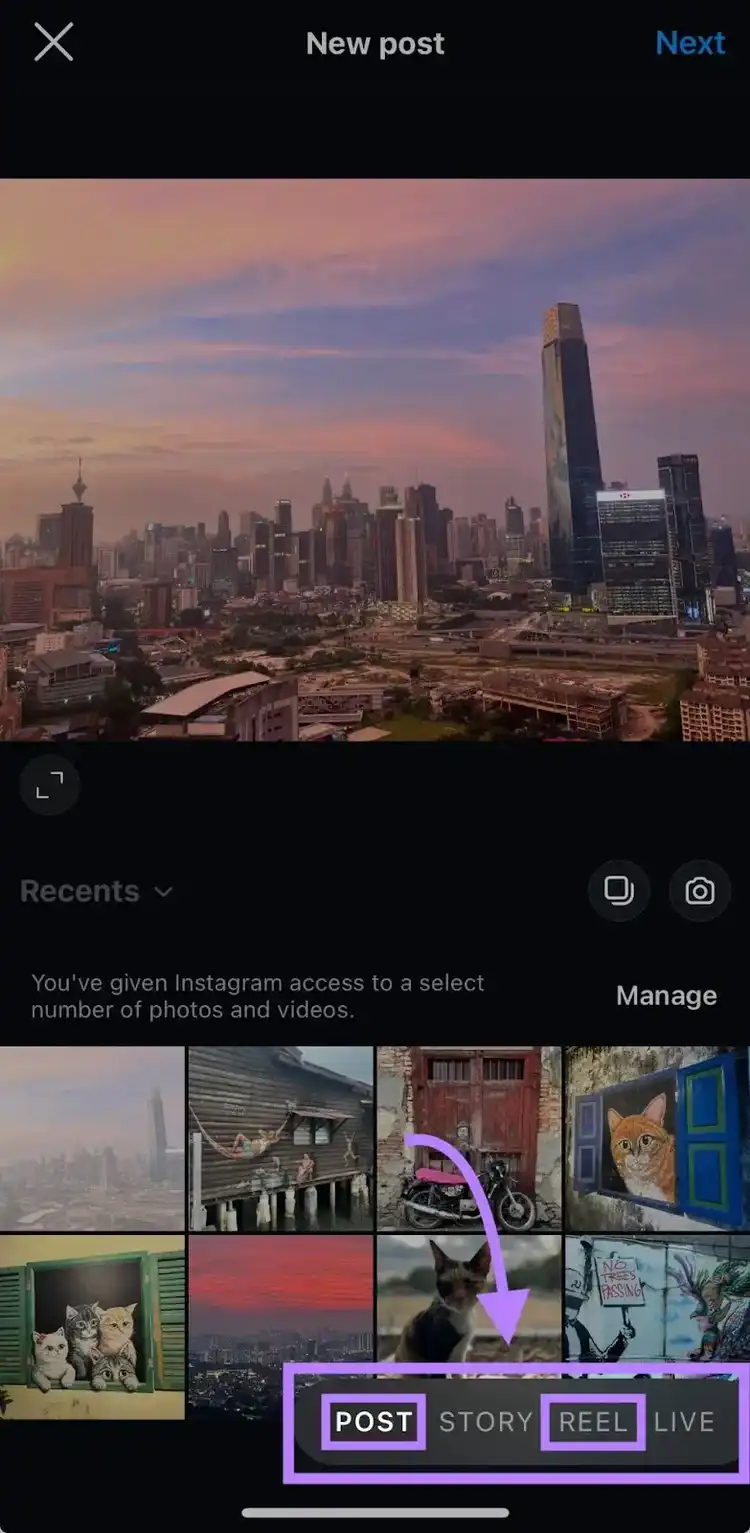 "New Post" window on Instagram with "Post" and "Reel" options highlighted in the menu at the bottom.