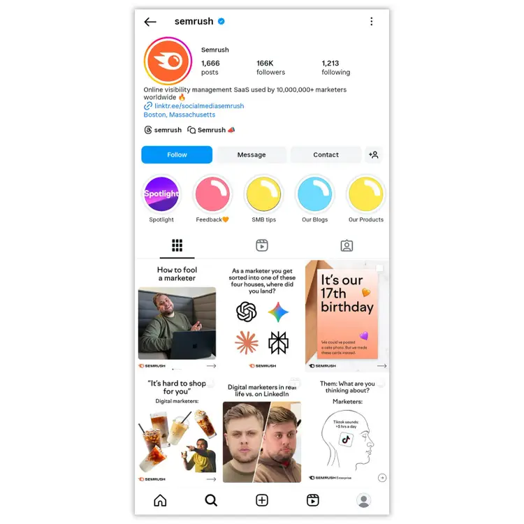 Instagram profile page showing bio, highlights, and recent posts.