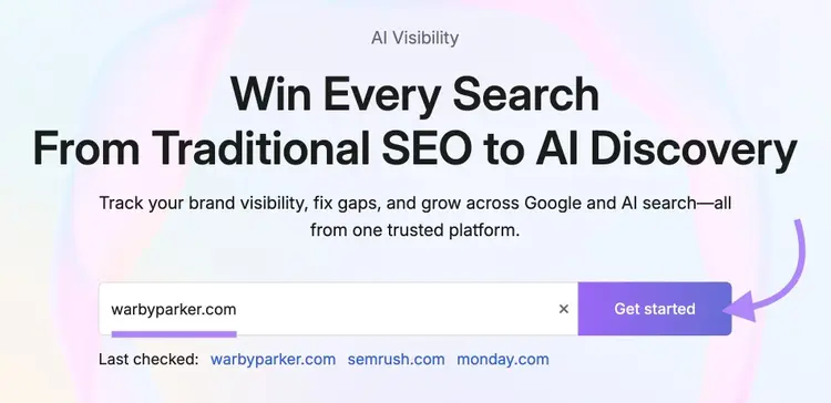 AI Visibility tool start with "warbyparker.com" entered as the domain and "Get started" clicked.