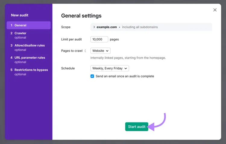 Semrush Site Audit general settings screen with crawl scope, page limit, schedule options, and Start audit button.