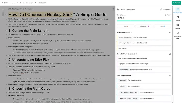 Content optimization tool showing article improvements with SEO, readability, and tone tips.