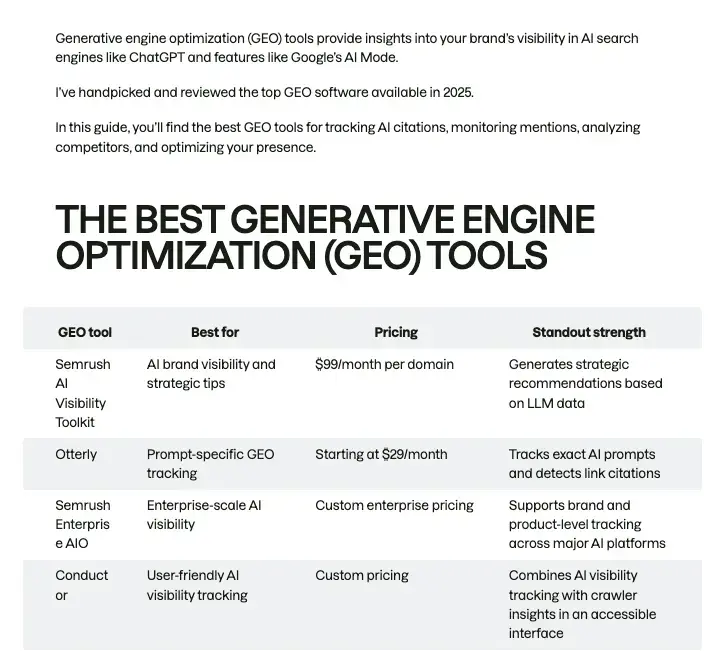 structured table after the introduction from Semrush's guide to the best generative engine optimization (GEO) tools